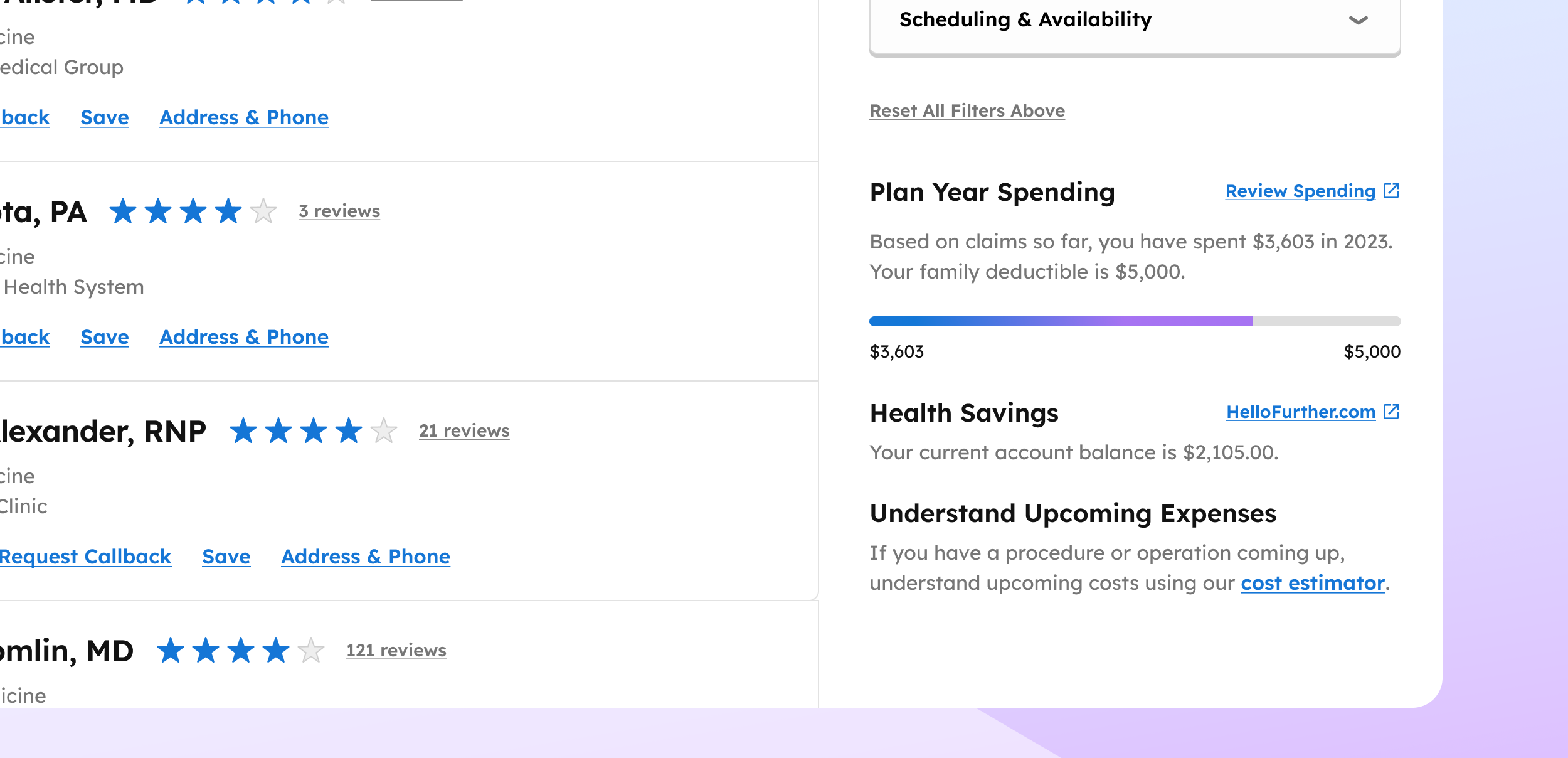 A user interface for searching doctors. Several doctors appear in a list on the left with health plan deductible expenses displayed on the right.