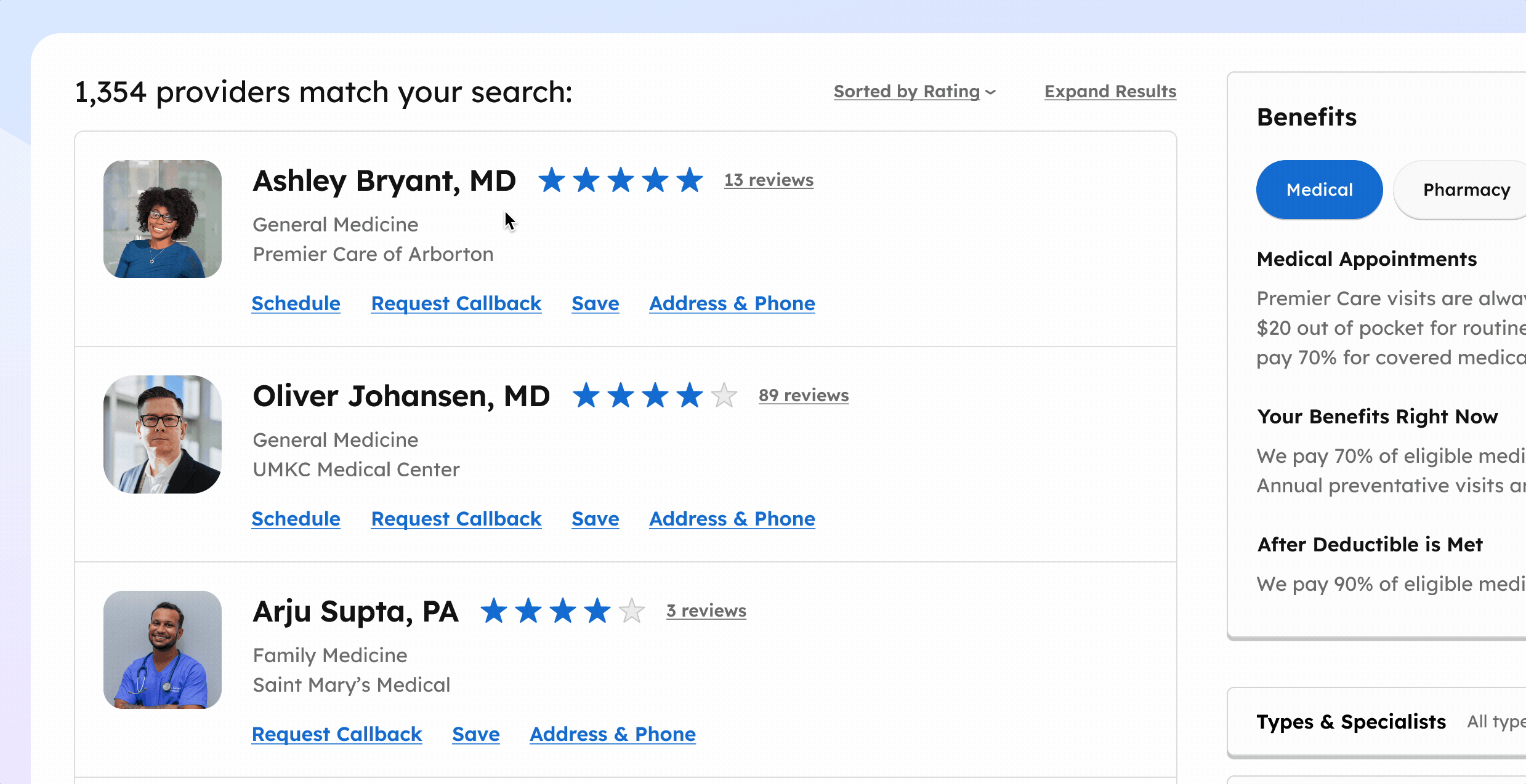 A user interface that allows health plan users schedule with a doctor or medical professional.