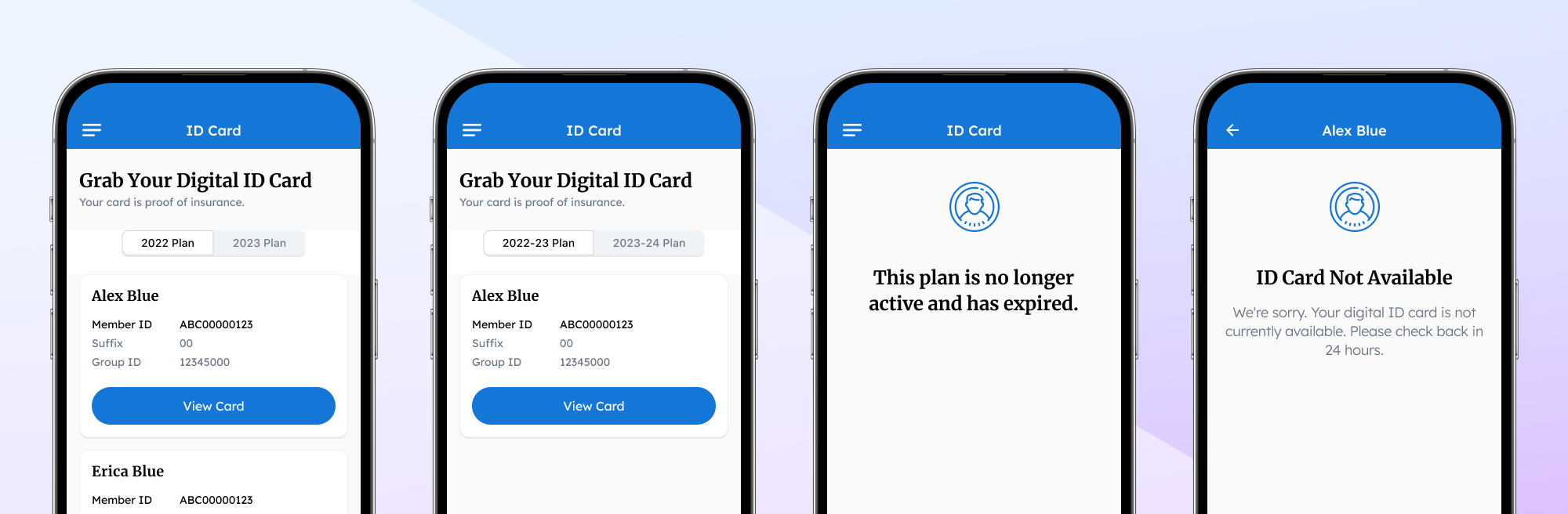 Edge case scenarios for a health insurance app. Featured design work for a digital ID card feature by Sean Berger.