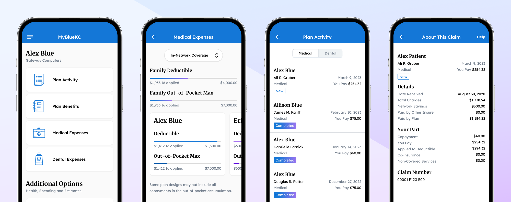 Design mockups for a health insurance app, including dashboard, deductibles and claims. Featured design work from Sean Berger.