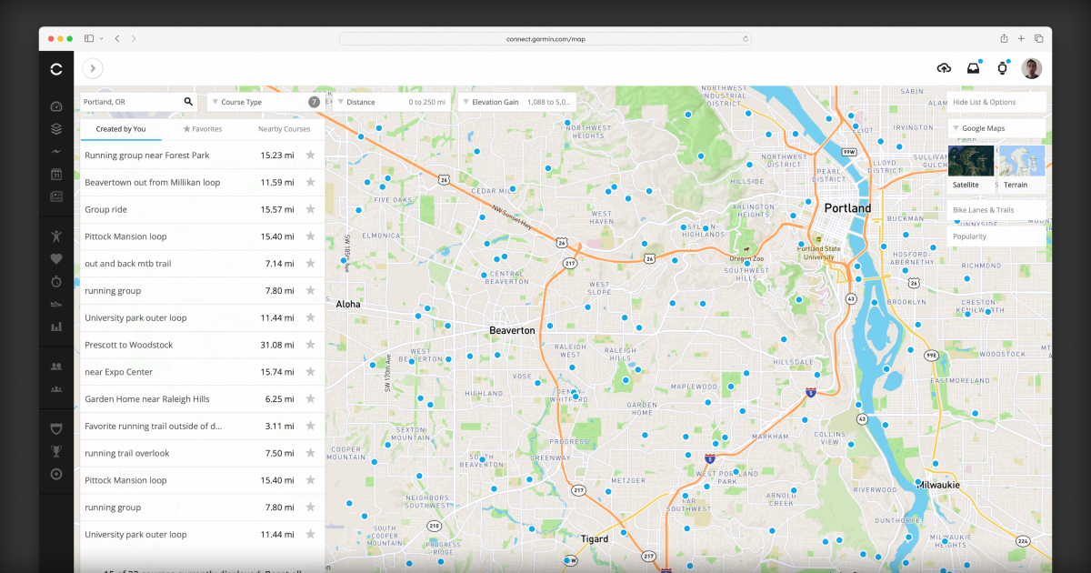 Design preview of map that helps endurance athletes find the best locations to perform outdoor fitness training